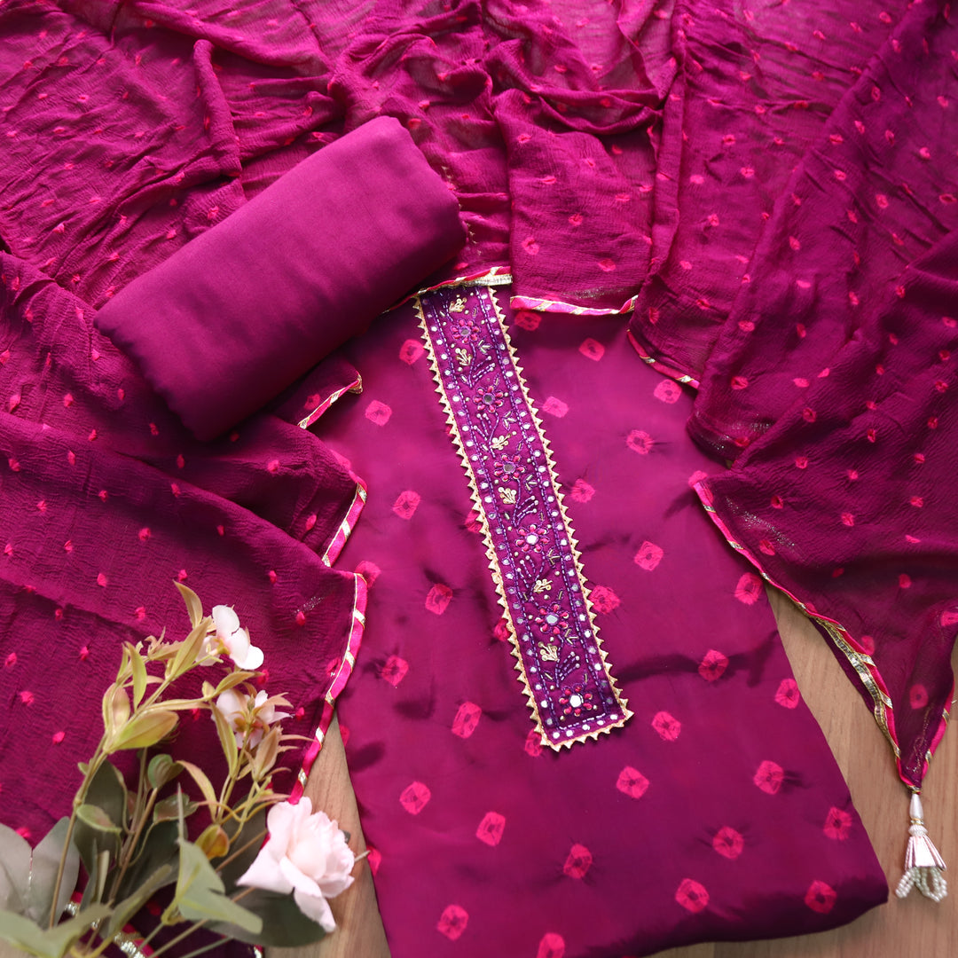 Mehran Blueberry Purple Embellish Neck Bandhej Work Crepe Set