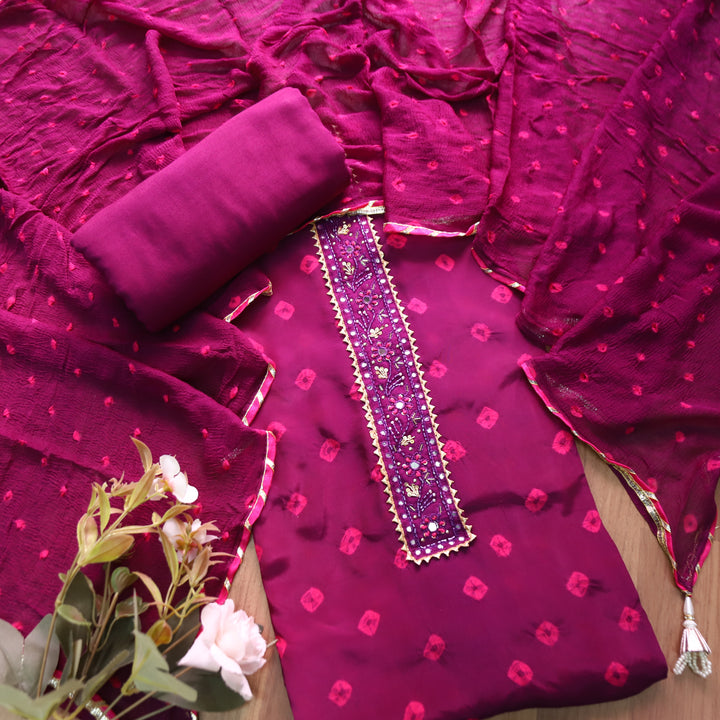 Mehran Blueberry Purple Embellish Neck Bandhej Work Crepe Set