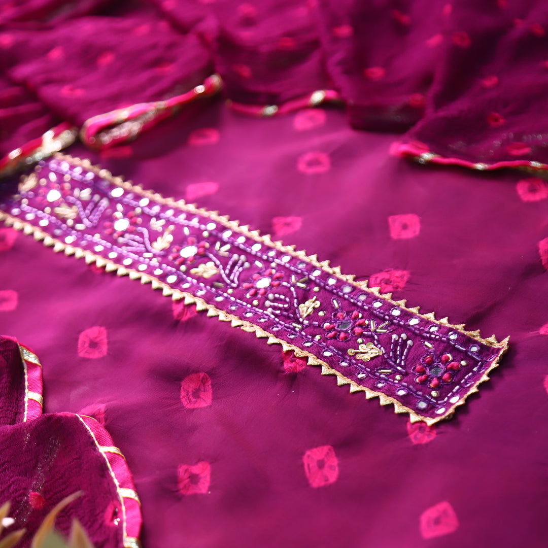 Mehran Blueberry Purple Embellish Neck Bandhej Work Crepe Set