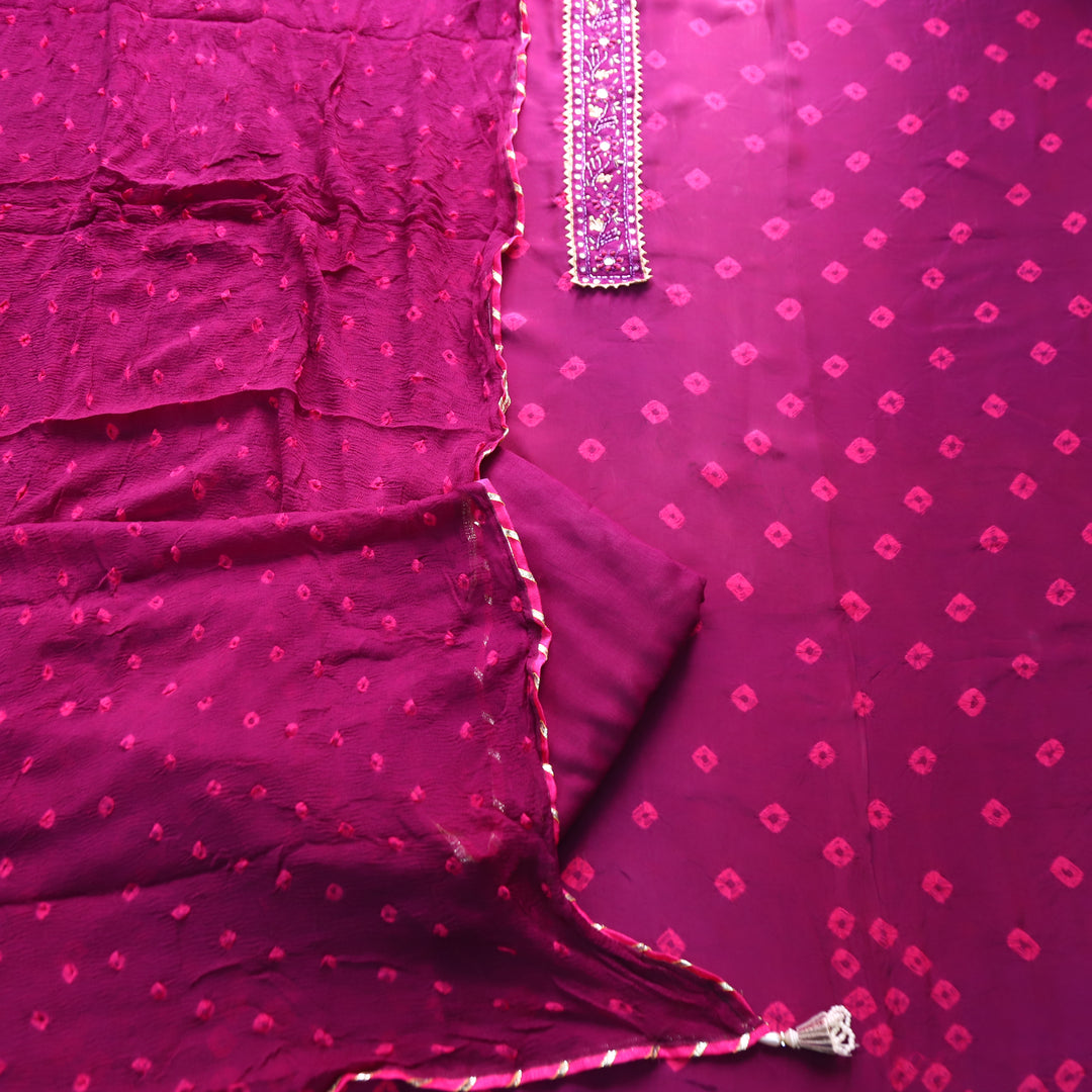 Mehran Blueberry Purple Embellish Neck Bandhej Work Crepe Set