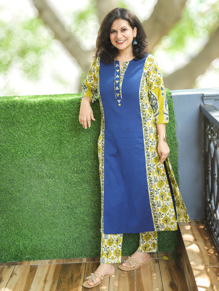 Devika Blue Mirror Work Kalamkari Panel Cotton 2 Piece Set