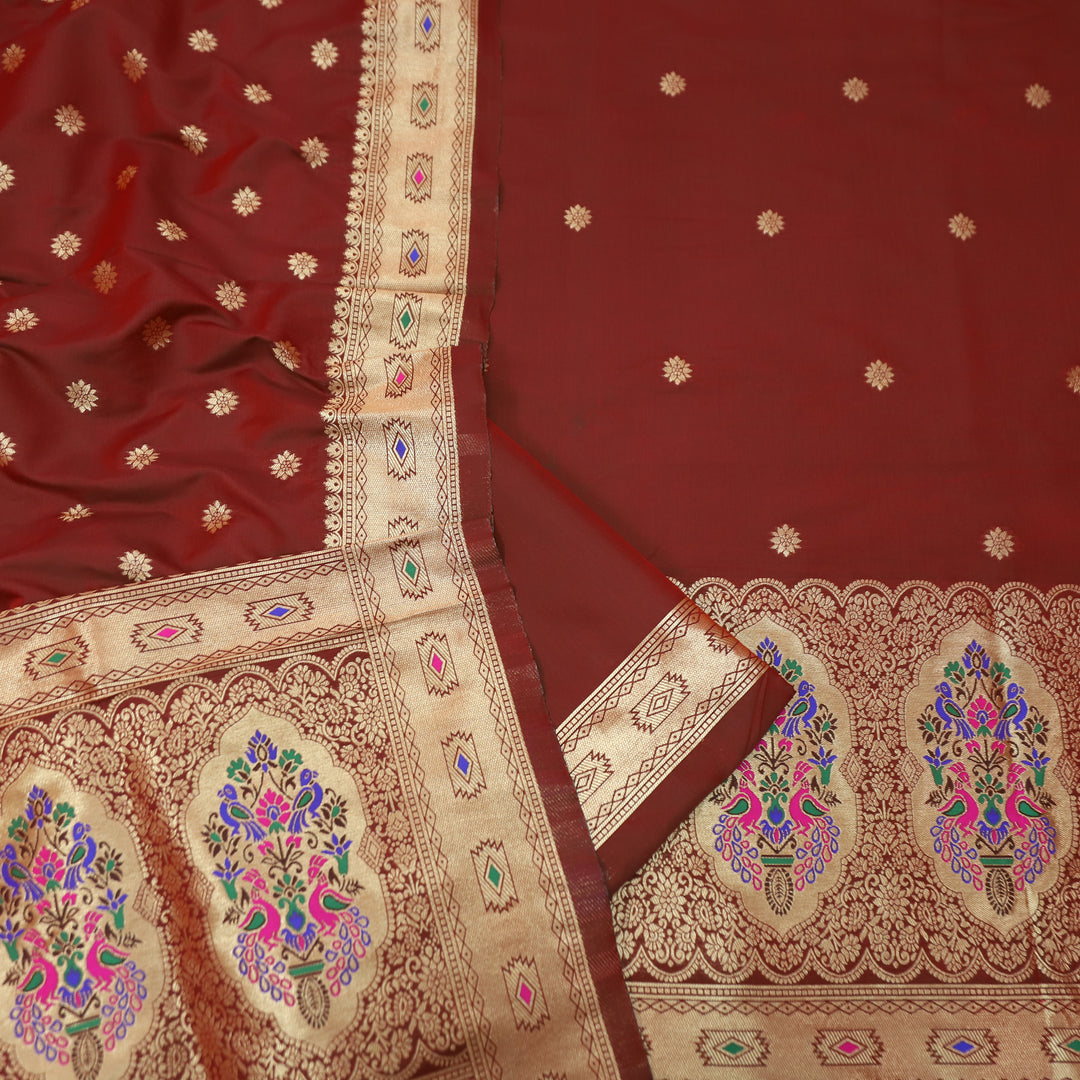 Saarthi Mahogany Red Banarasi Jacquard Weaved Hemline Paithani Silk Set
