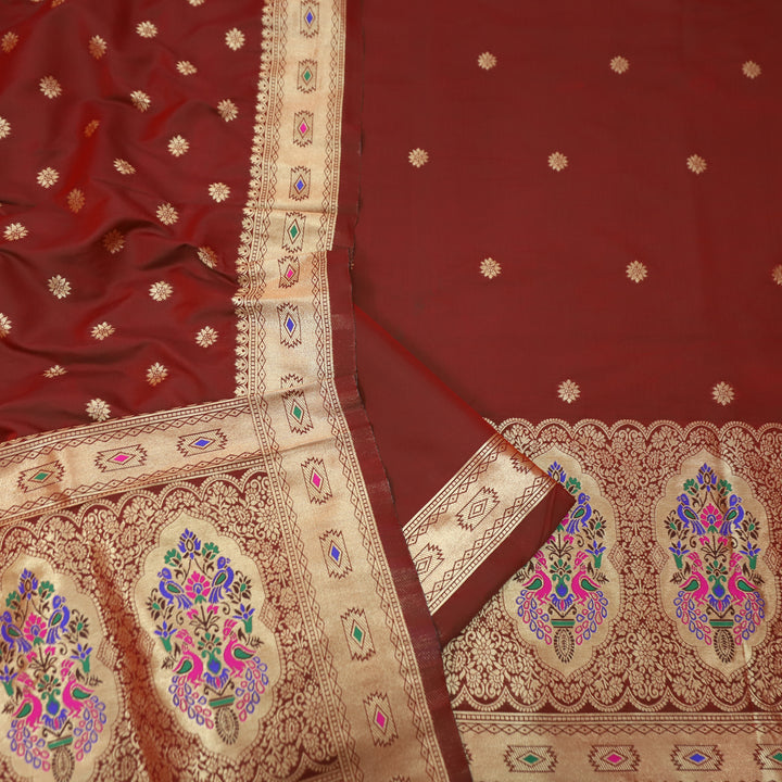 Saarthi Mahogany Red Banarasi Jacquard Weaved Hemline Paithani Silk Set