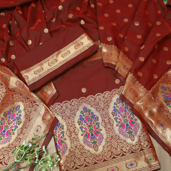 Saarthi Mahogany Red Banarasi Jacquard Weaved Hemline Paithani Silk Set