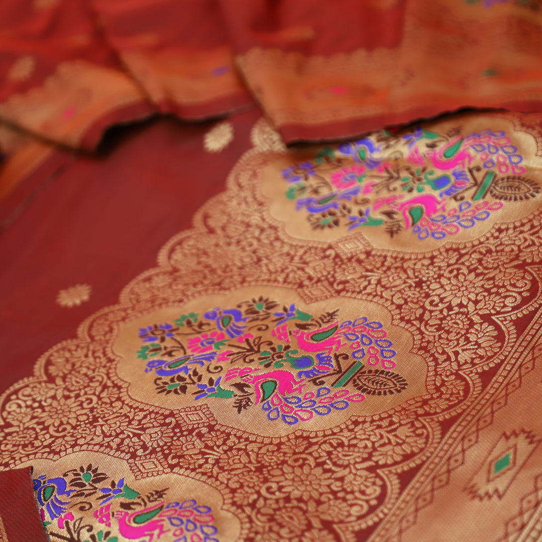 Saarthi Mahogany Red Banarasi Jacquard Weaved Hemline Paithani Silk Set