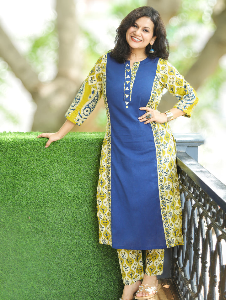 Devika Blue Mirror Work Kalamkari Panel Cotton 2 Piece Set