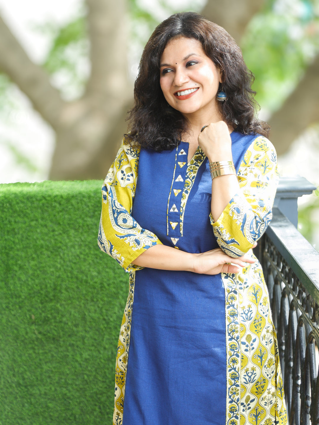 Devika Blue Mirror Work Kalamkari Panel Cotton 2 Piece Set