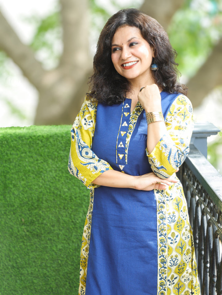 Devika Blue Mirror Work Kalamkari Panel Cotton 2 Piece Set