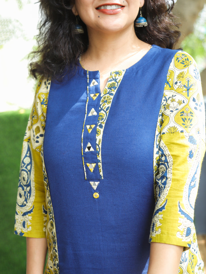 Devika Blue Mirror Work Kalamkari Panel Cotton 2 Piece Set