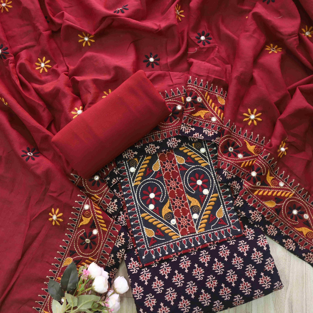Khairiyat Night Black Kutch Work Cotton Top With Cotton Dupatta Set