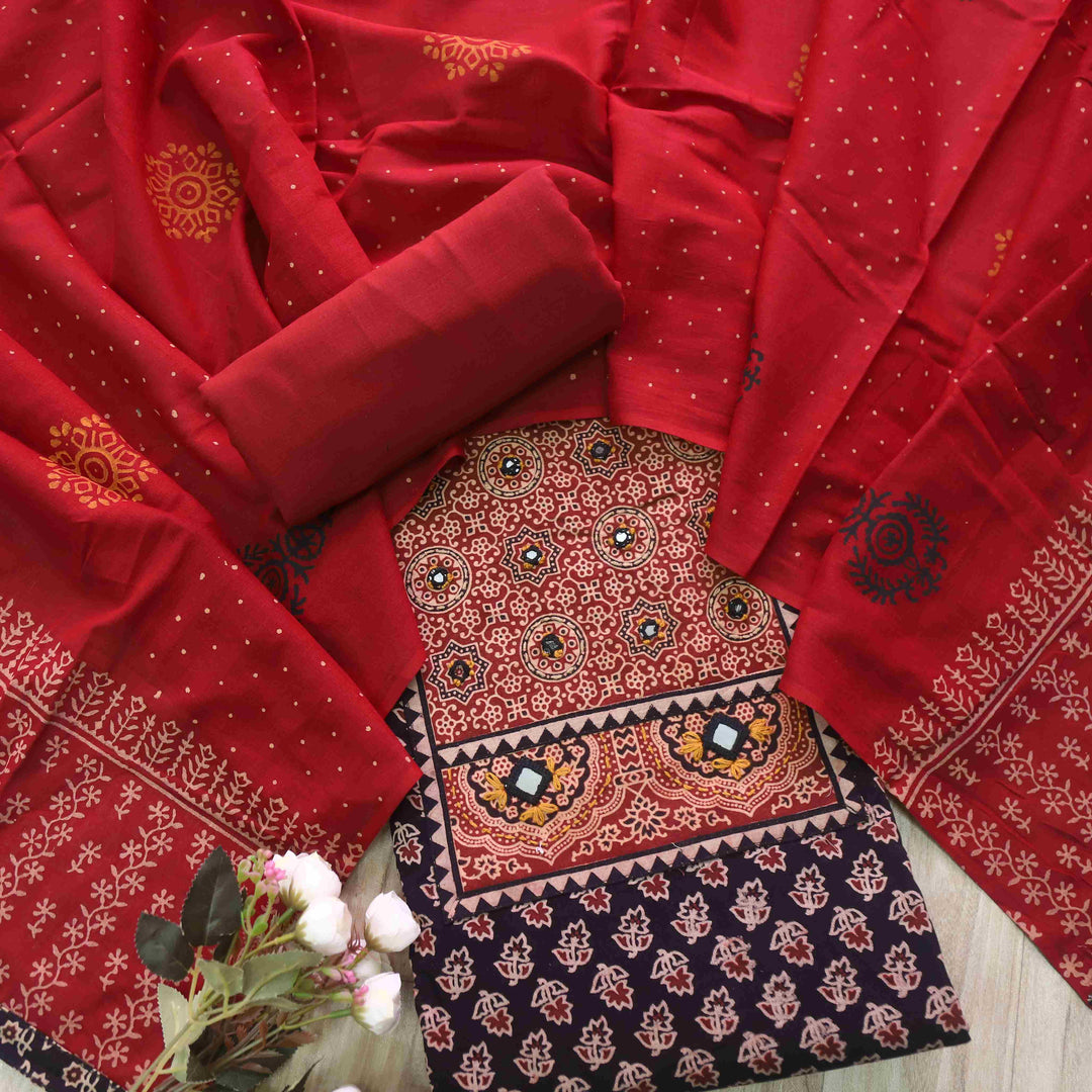 Maduni Dark Black Mirror Work with Ajrak Printed Cotton Suit Set