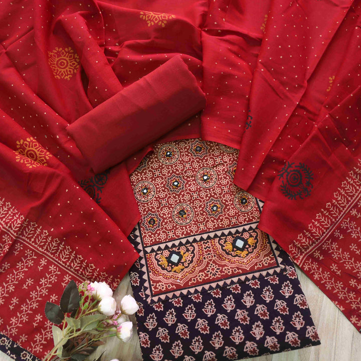 Maduni Dark Black Mirror Work with Ajrak Printed Cotton Suit Set