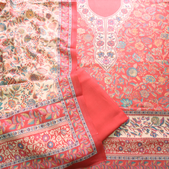 Sayren Coral Peach Digital Kashmiri Printed Semi Pashmina Winter Set