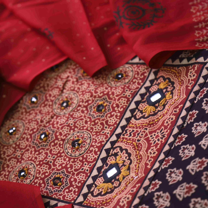 Maduni Dark Black Mirror Work with Ajrak Printed Cotton Suit Set