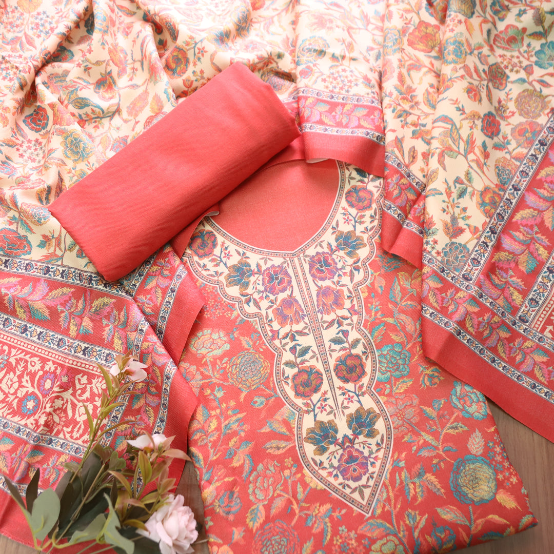 Sayren Coral Peach Digital Kashmiri Printed Semi Pashmina Winter Set