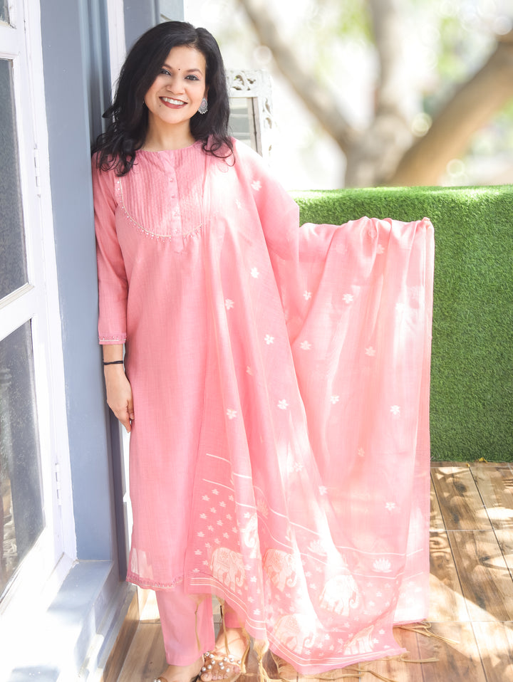 Mary Rose Pink Jamdani Chanderi 3 Piece Set