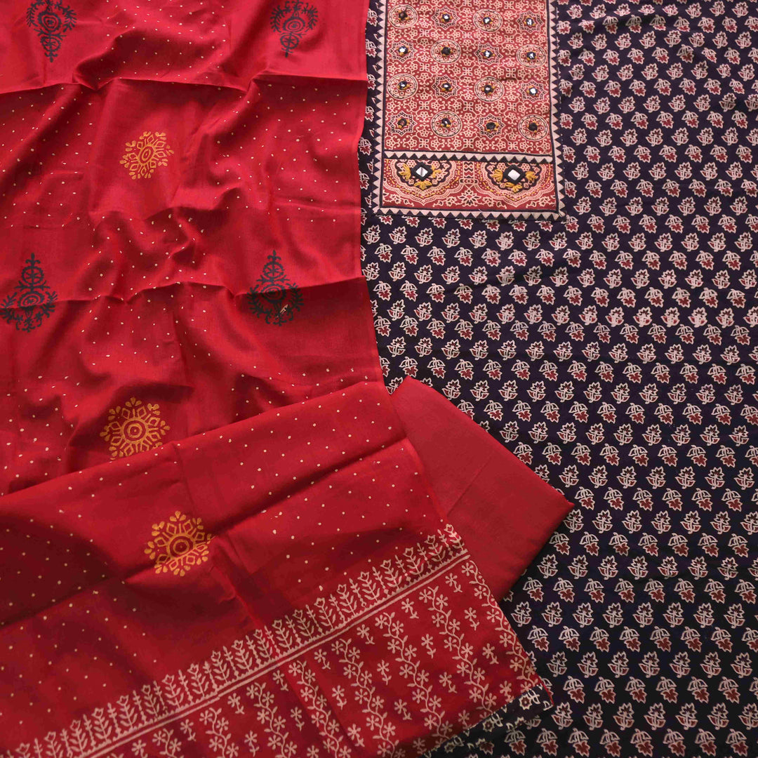 Maduni Dark Black Mirror Work with Ajrak Printed Cotton Suit Set