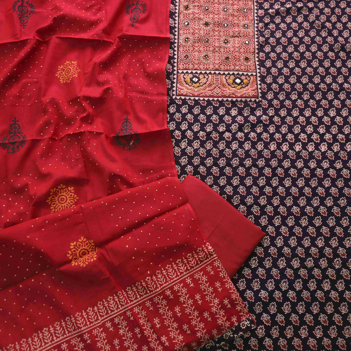 Maduni Dark Black Mirror Work with Ajrak Printed Cotton Suit Set