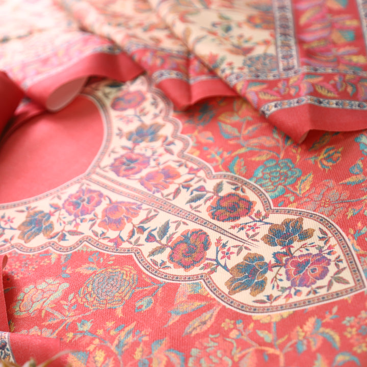 Sayren Coral Peach Digital Kashmiri Printed Semi Pashmina Winter Set