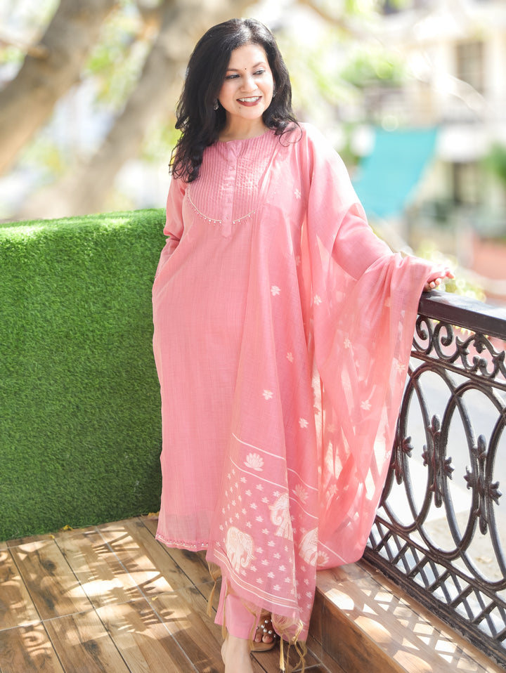 Mary Rose Pink Jamdani Chanderi 3 Piece Set