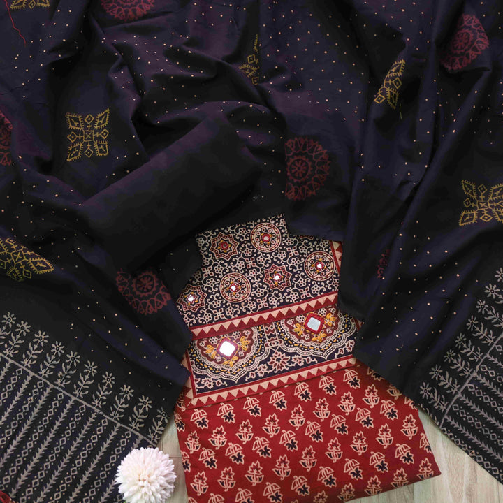 Maduni Ruby Red Mirror Work with Ajrak Printed Cotton Suit Set