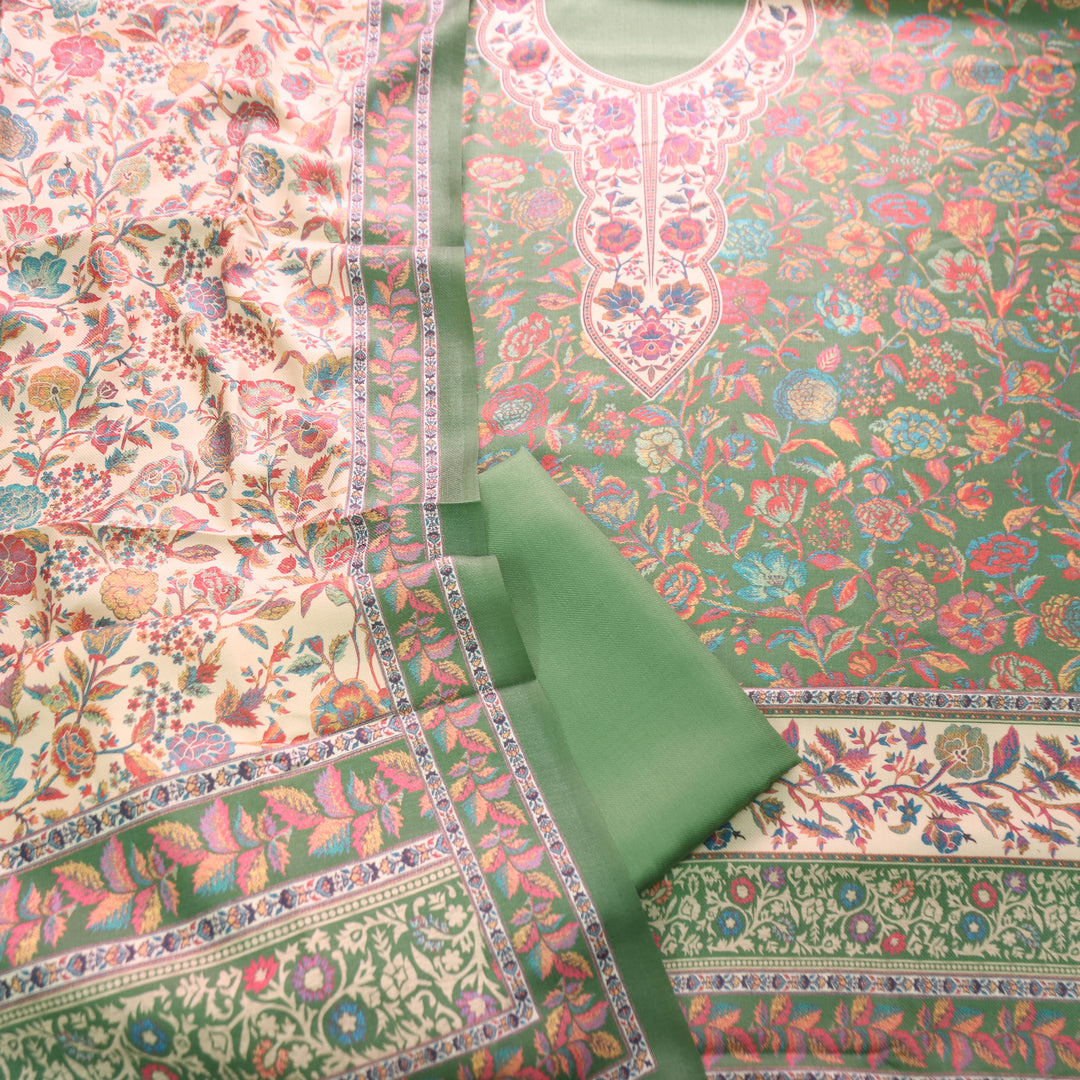 Sayren Leaf Green Digital Kashmiri Printed Semi Pashmina Winter Set