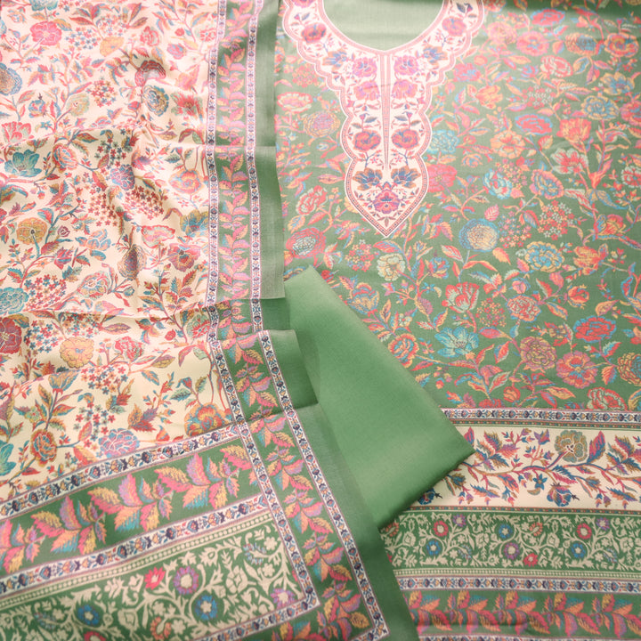 Sayren Leaf Green Digital Kashmiri Printed Semi Pashmina Winter Set