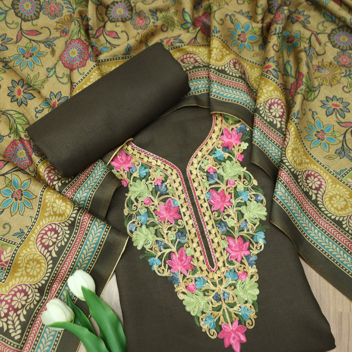 ऐश्वर्या Olive Green Aari Style Thread Embroidery Semi Pashmina Winter Set