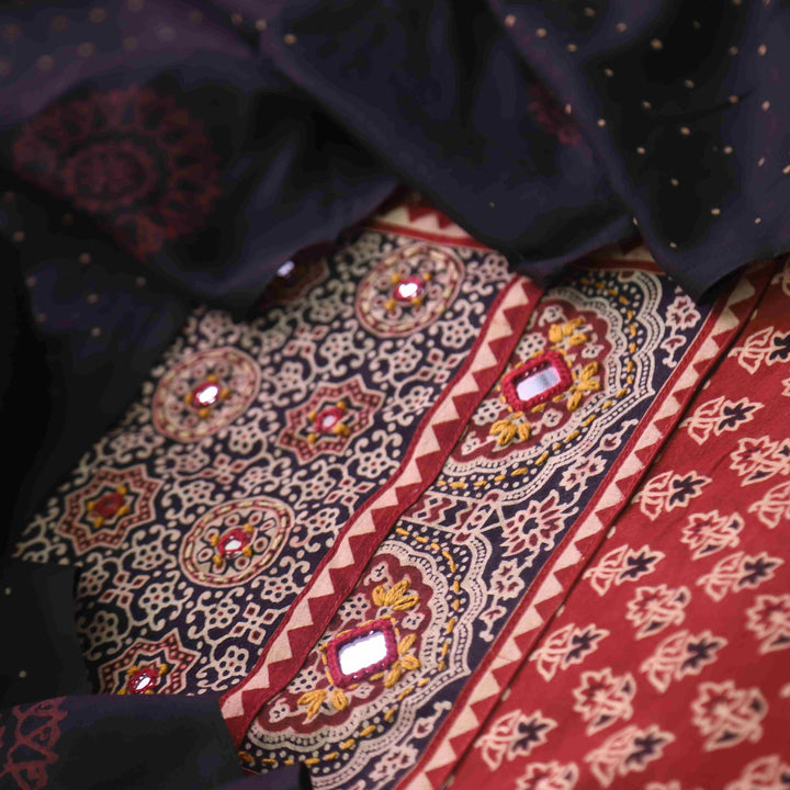 Maduni Ruby Red Mirror Work with Ajrak Printed Cotton Suit Set