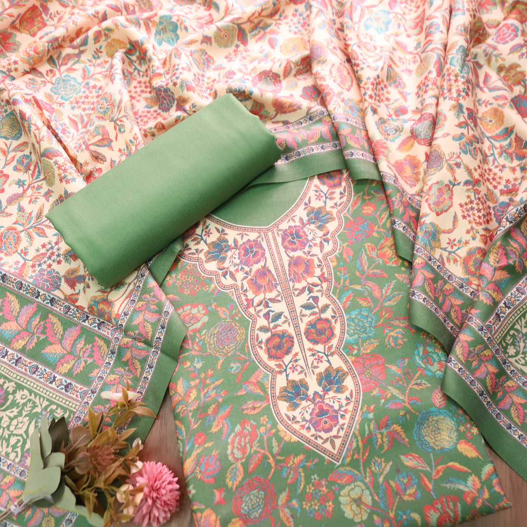 Sayren Leaf Green Digital Kashmiri Printed Semi Pashmina Winter Set