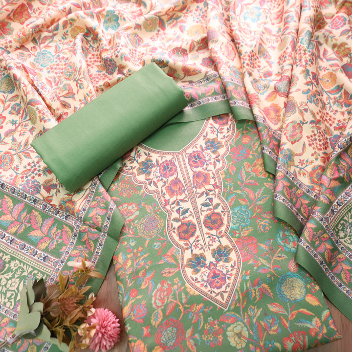 Sayren Leaf Green Digital Kashmiri Printed Semi Pashmina Winter Set