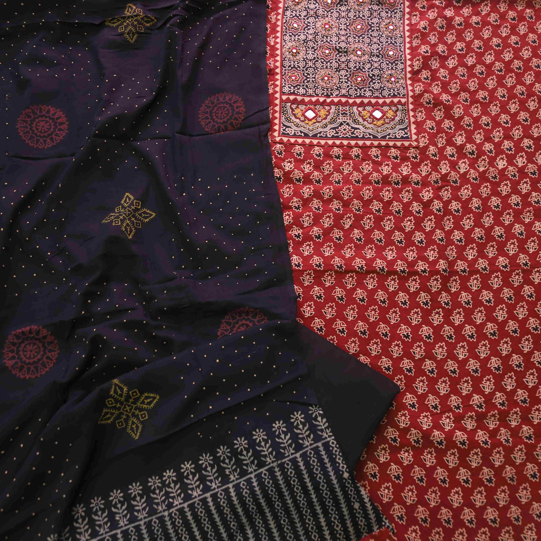 Maduni Ruby Red Mirror Work with Ajrak Printed Cotton Suit Set