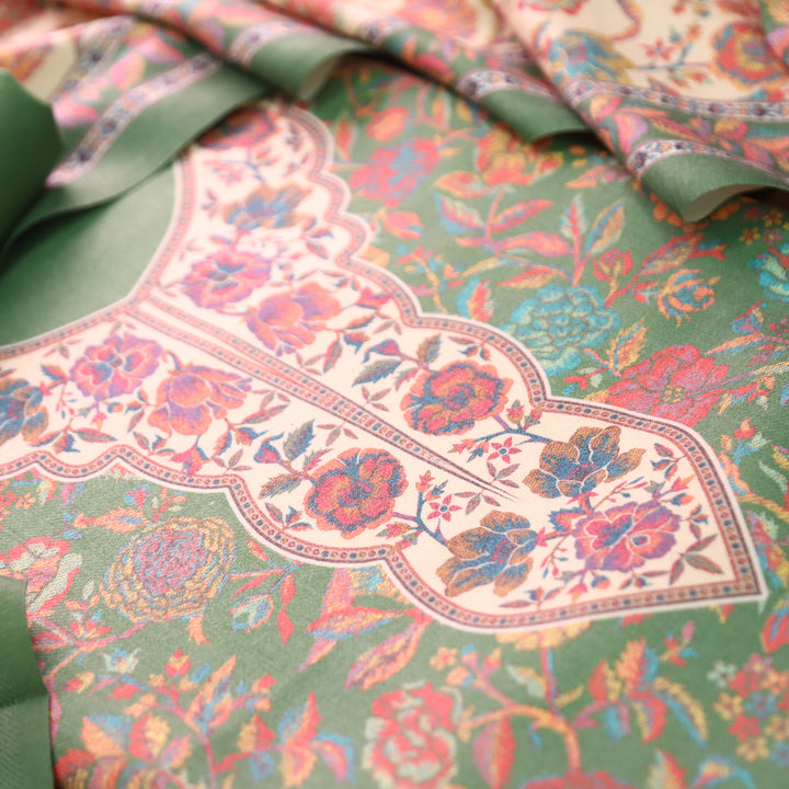 Sayren Leaf Green Digital Kashmiri Printed Semi Pashmina Winter Set
