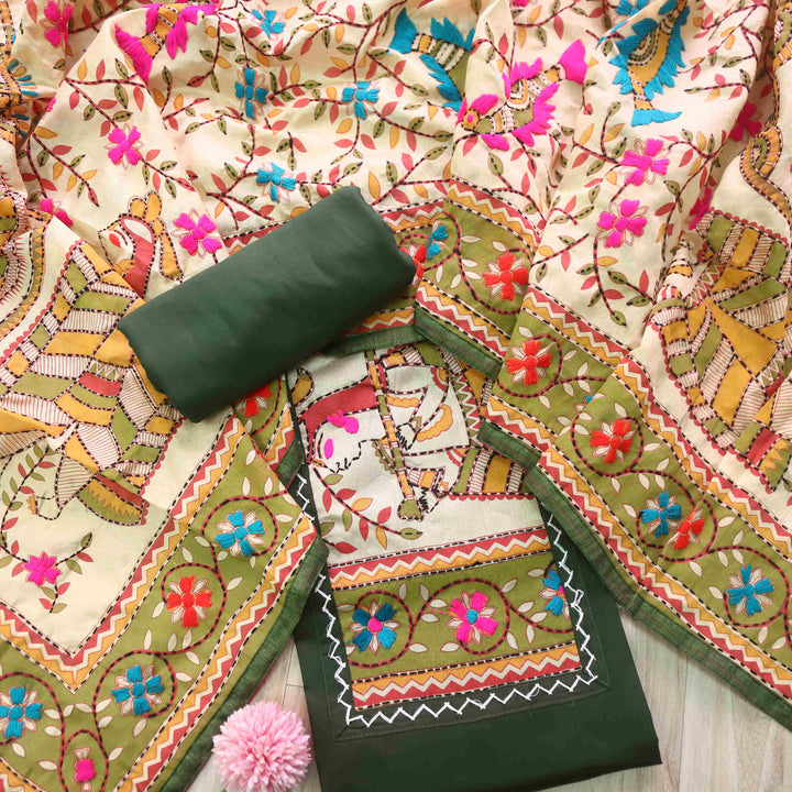 Pankhudi Forest Green Phulkari Work Jam Cotton Top With Art Silk Dupatta