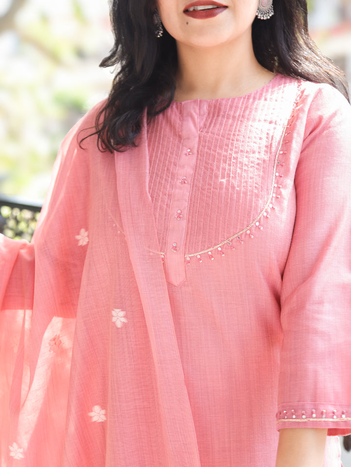 Mary Rose Pink Jamdani Chanderi 3 Piece Set