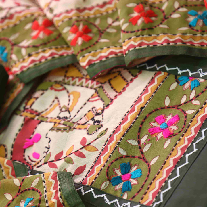 Pankhudi Forest Green Phulkari Work Jam Cotton Top With Art Silk Dupatta