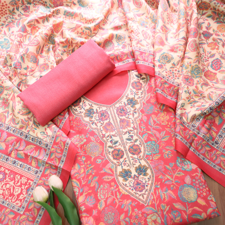 Sayren Crimson Pink Digital Kashmiri Printed Semi Pashmina Winter Set