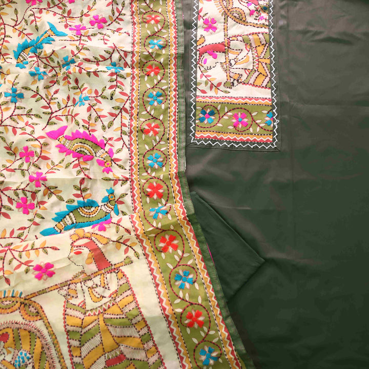 Pankhudi Forest Green Phulkari Work Jam Cotton Top With Art Silk Dupatta