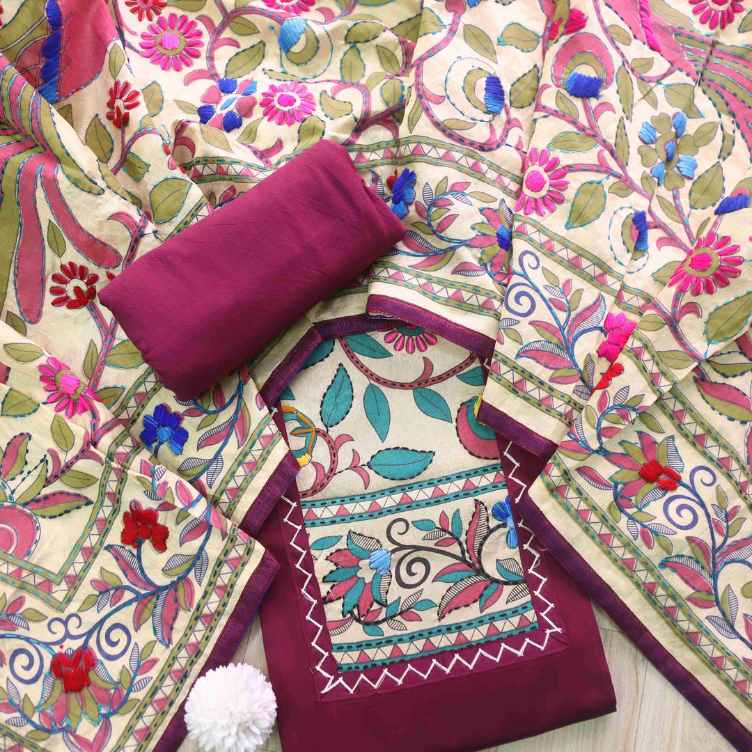 Pankhudi Eggplant Purple Phulkari Work Jam Cotton Top With Art Silk Dupatta