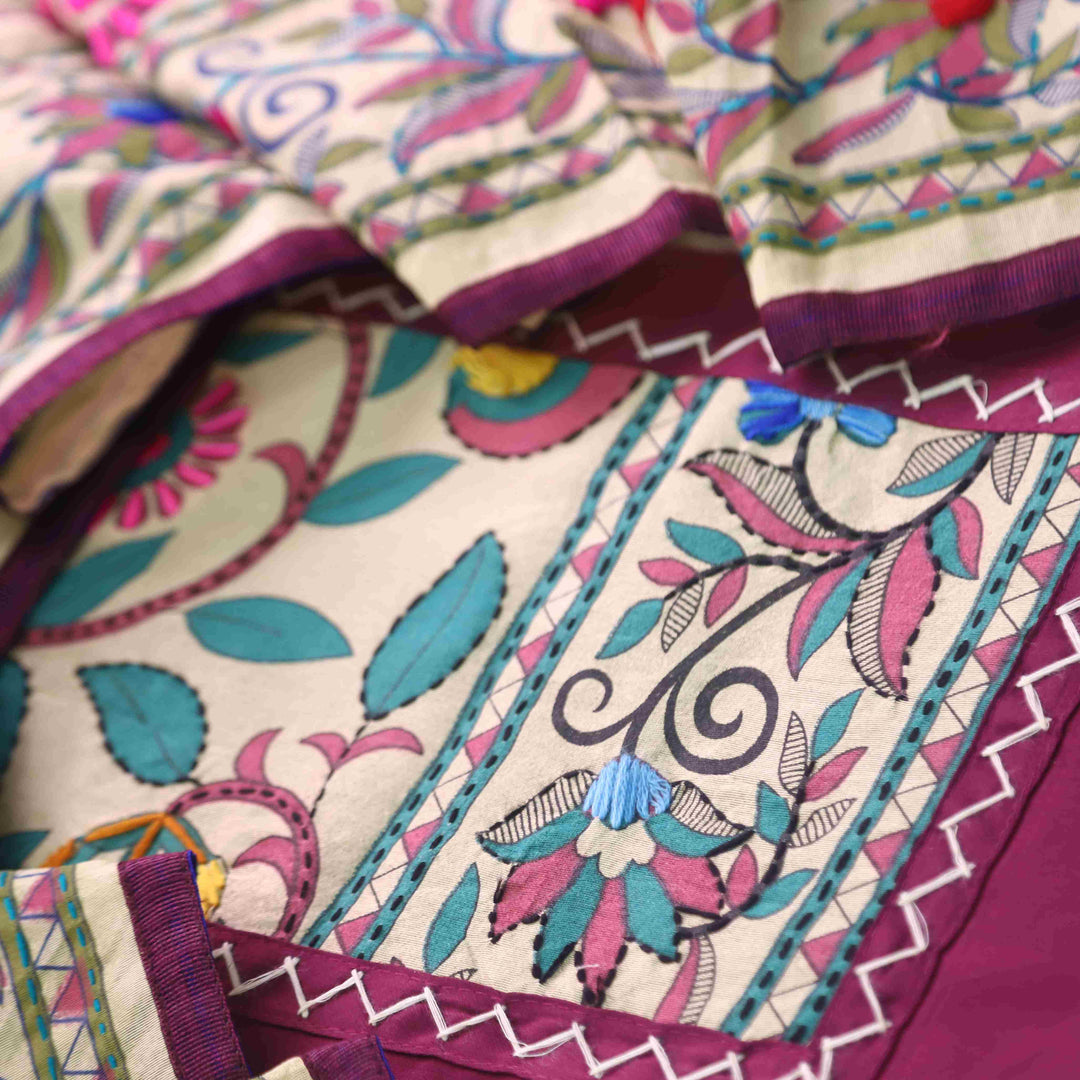 Pankhudi Eggplant Purple Phulkari Work Jam Cotton Top With Art Silk Dupatta