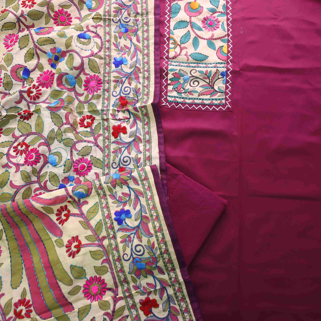 Pankhudi Eggplant Purple Phulkari Work Jam Cotton Top With Art Silk Dupatta