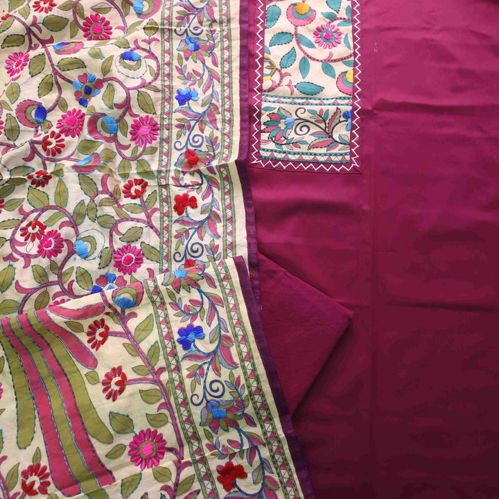Pankhudi Eggplant Purple Phulkari Work Jam Cotton Top With Art Silk Dupatta