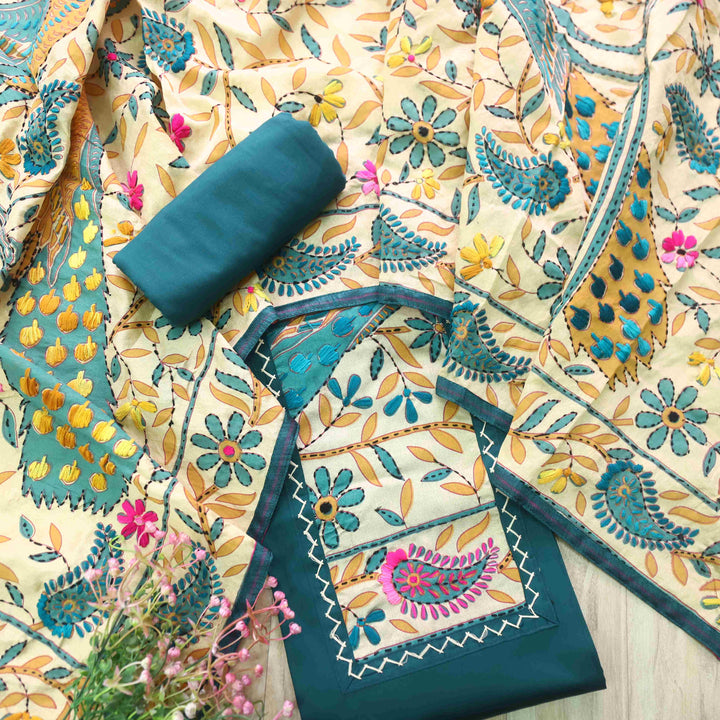 Pankhudi Dark Blue Phulkari Work Jam Cotton Top With Art Silk Dupatta