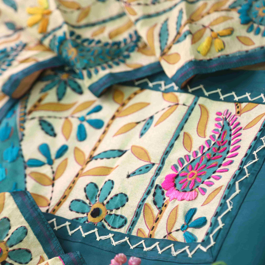 Pankhudi Dark Blue Phulkari Work Jam Cotton Top With Art Silk Dupatta