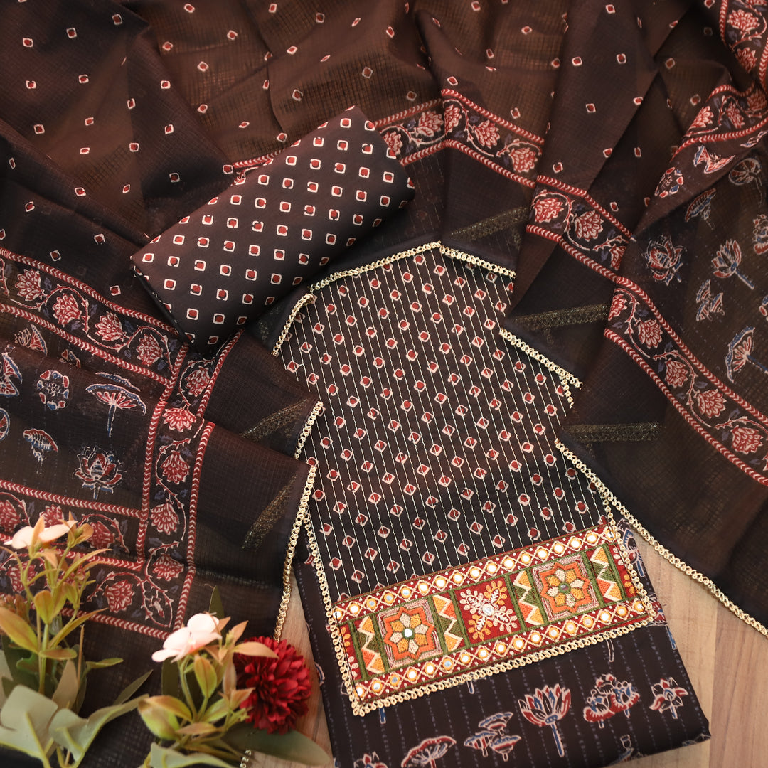 Palak Black Zari Work Embroidered Yoke Ajrak Print Cotton Set