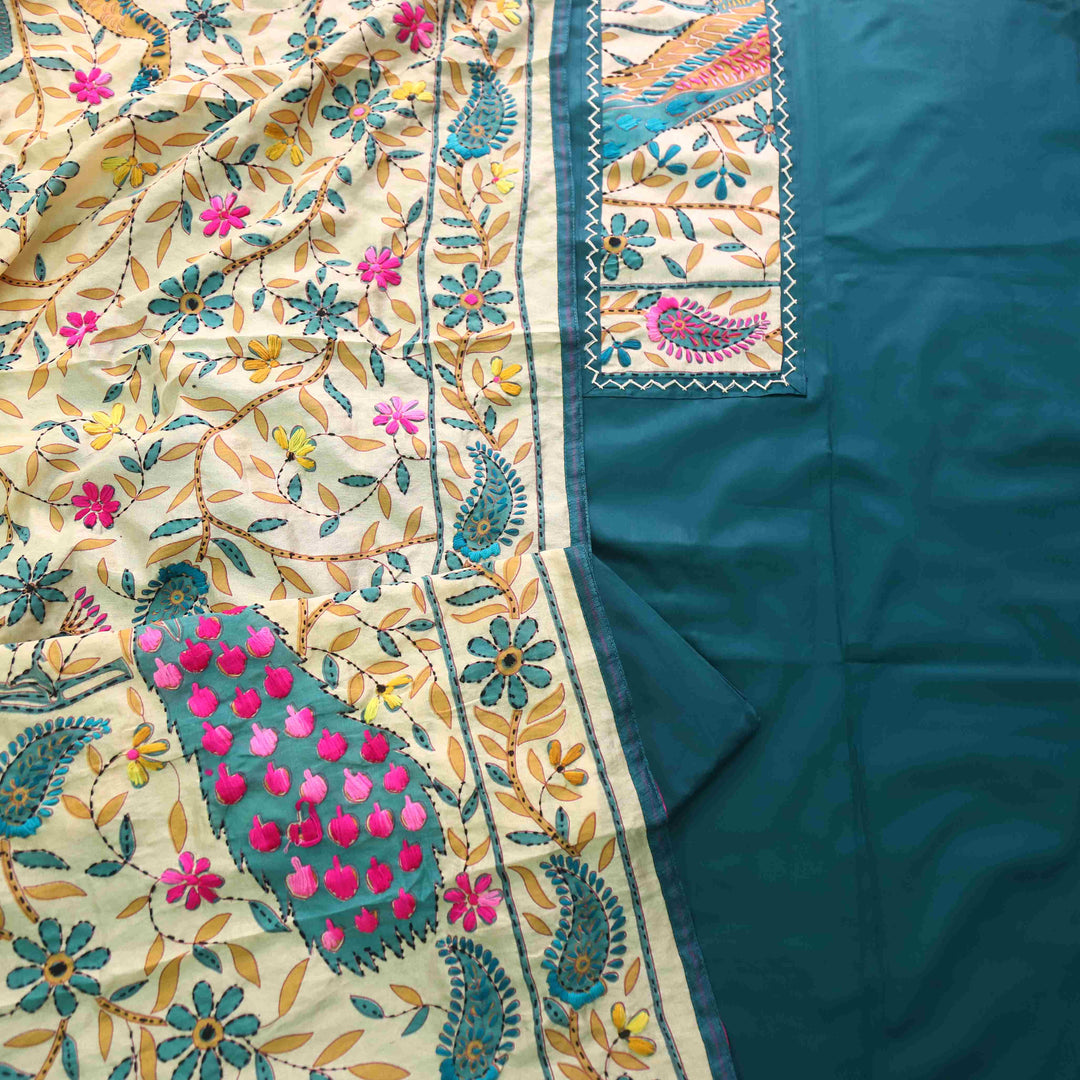 Pankhudi Dark Blue Phulkari Work Jam Cotton Top With Art Silk Dupatta