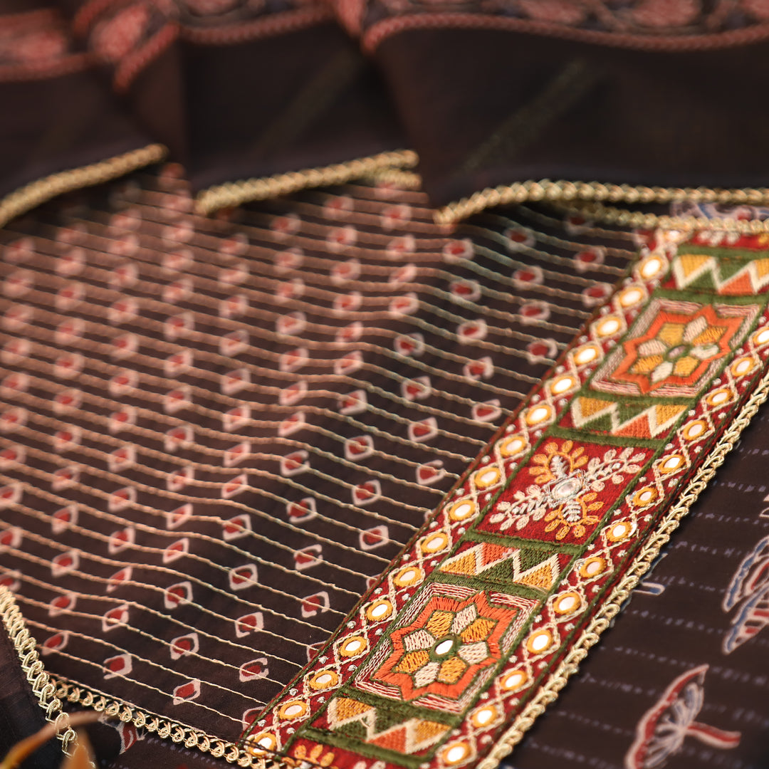 Palak Black Zari Work Embroidered Yoke Ajrak Print Cotton Set