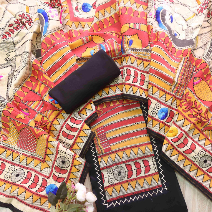 Pankhudi Deep Black Phulkari Work Jam Cotton Top With Art Silk Dupatta