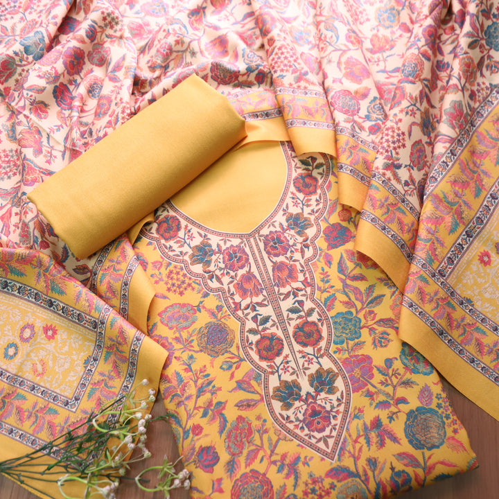 Sayren Sun Yellow Digital Kashmiri Printed Semi Pashmina Winter Set