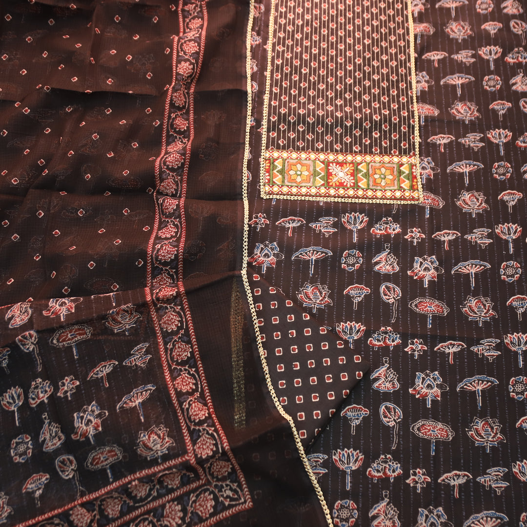 Palak Black Zari Work Embroidered Yoke Ajrak Print Cotton Set